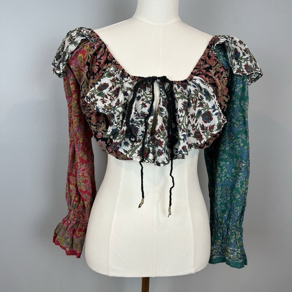 Boho Floral Patchwork Off-Shoulder Crop Top - Multi